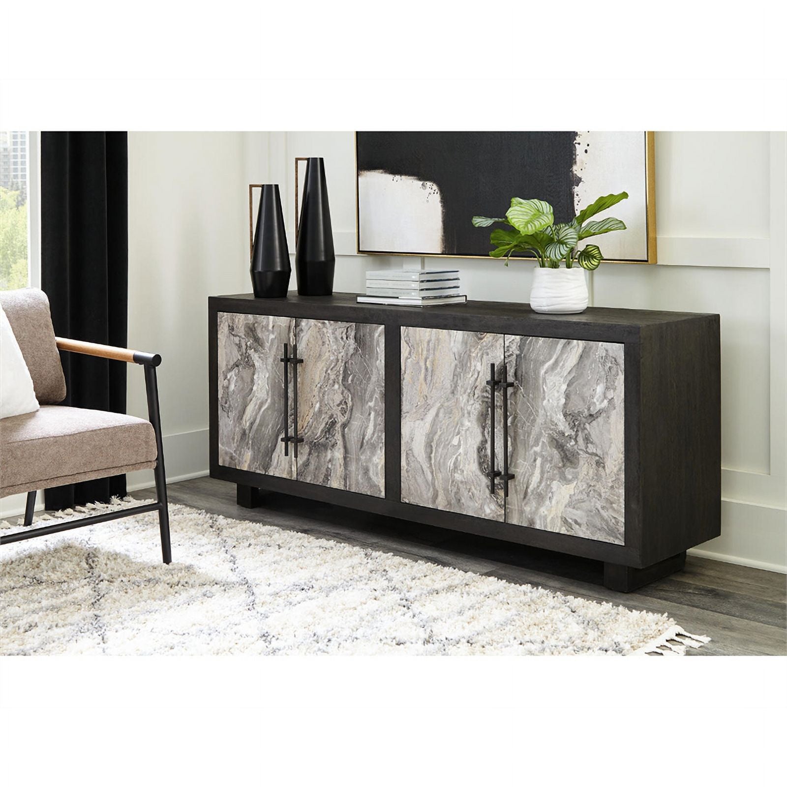 Light Gray and Black Wood Accent Cabinet T3874