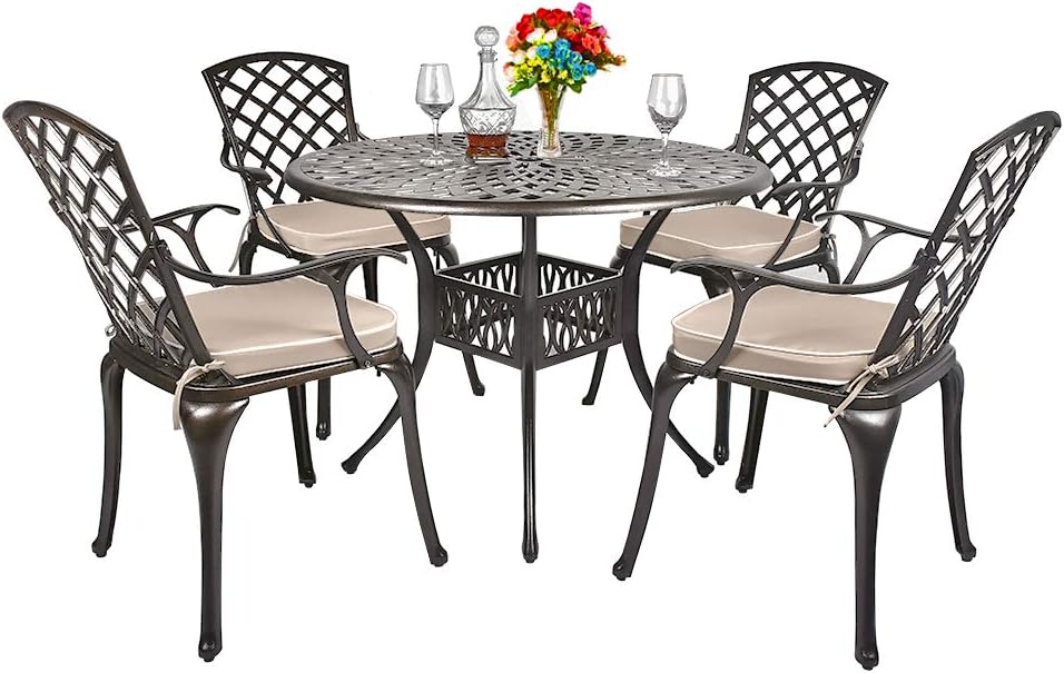 5-Piece Cast Aluminum Outdoor Dining Set with Umbrella Hole R86578