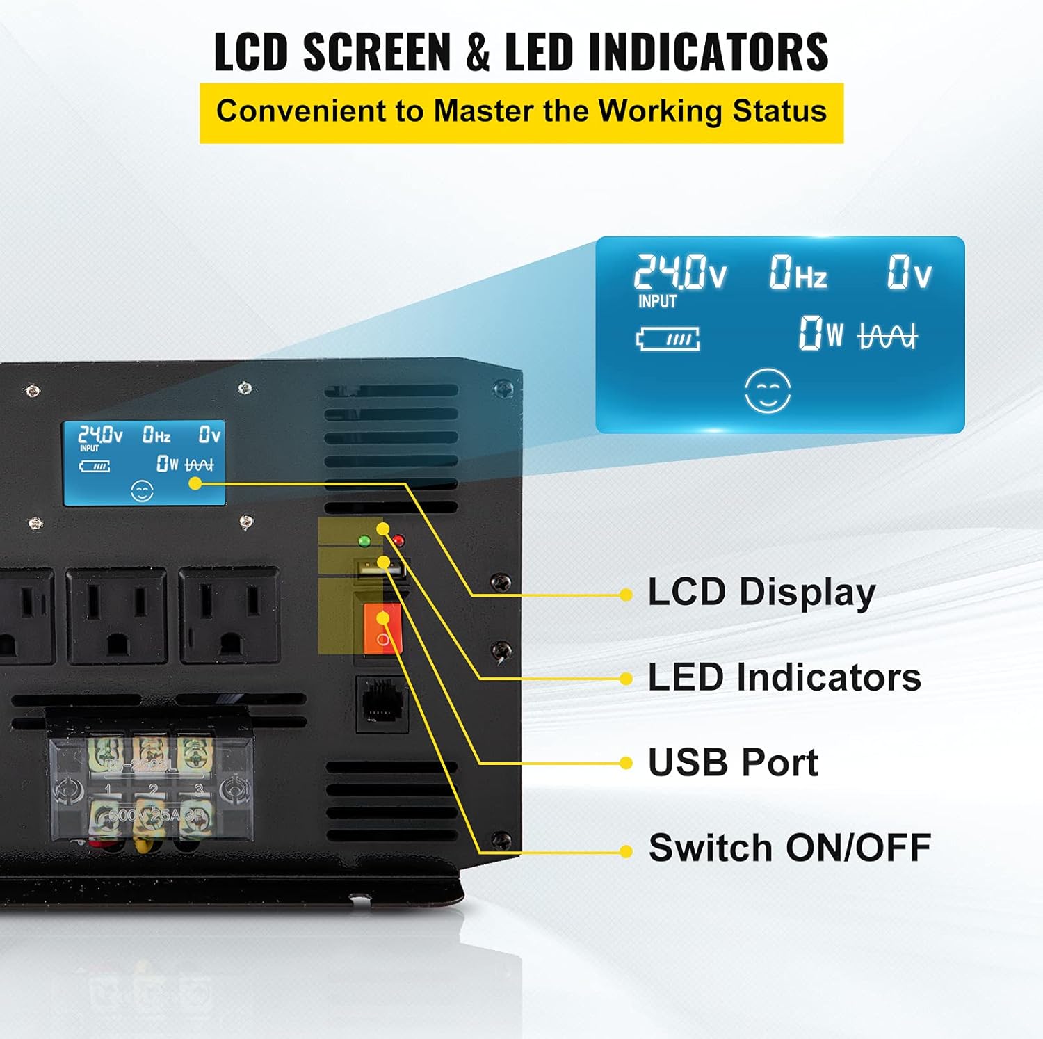 3500 Watt Pure Sine Wave Power Inverter, DC 24V to AC 120V, with USB Port and Remote Controller H90513