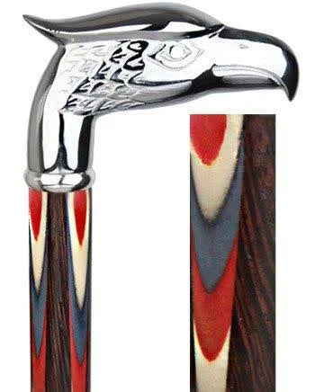 Chrome Plated Eagle Head Walking Cane with Inlaid Wenge Wood Shaft and Silver Collar X573
