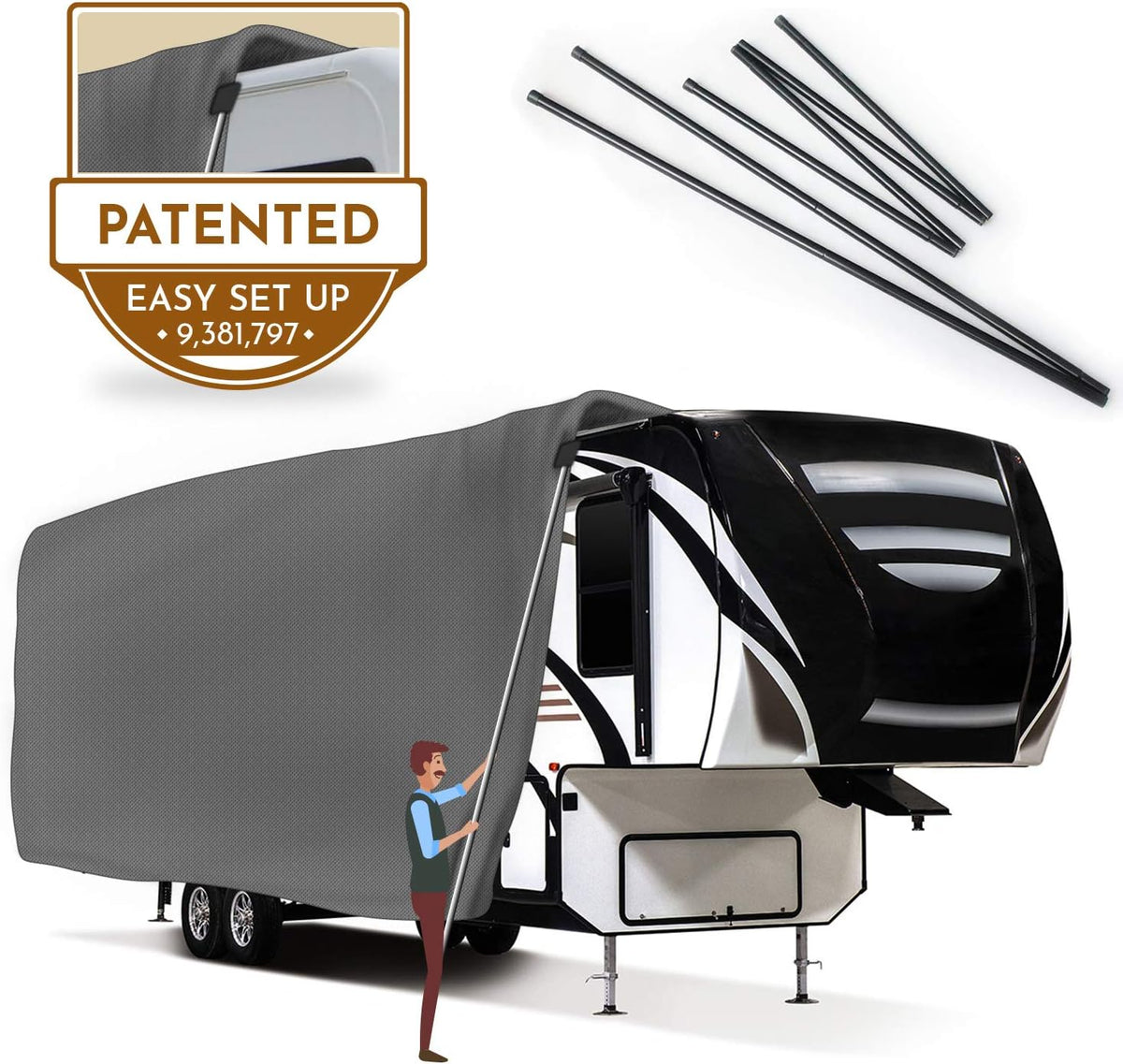 5th Wheel RV Cover 3-Ply Ripstop Waterproof with Steel Pole S80335