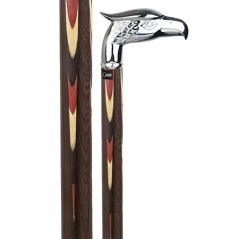 Chrome Plated Eagle Head Walking Cane with Inlaid Wenge Wood Shaft and Silver Collar X573