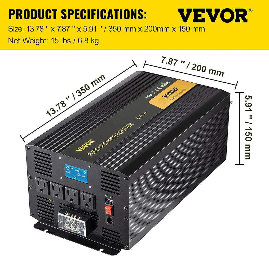 3500 Watt Pure Sine Wave Power Inverter, DC 24V to AC 120V, with USB Port and Remote Controller H90513