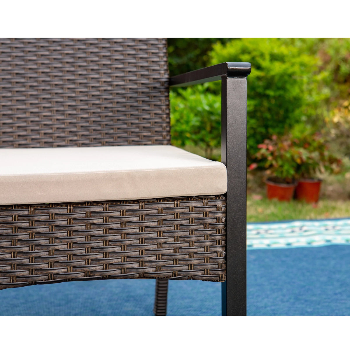 6-Piece Outdoor Dining Set with Acacia Wood Table, Bench and Wicker Chairs with Cushions A5466