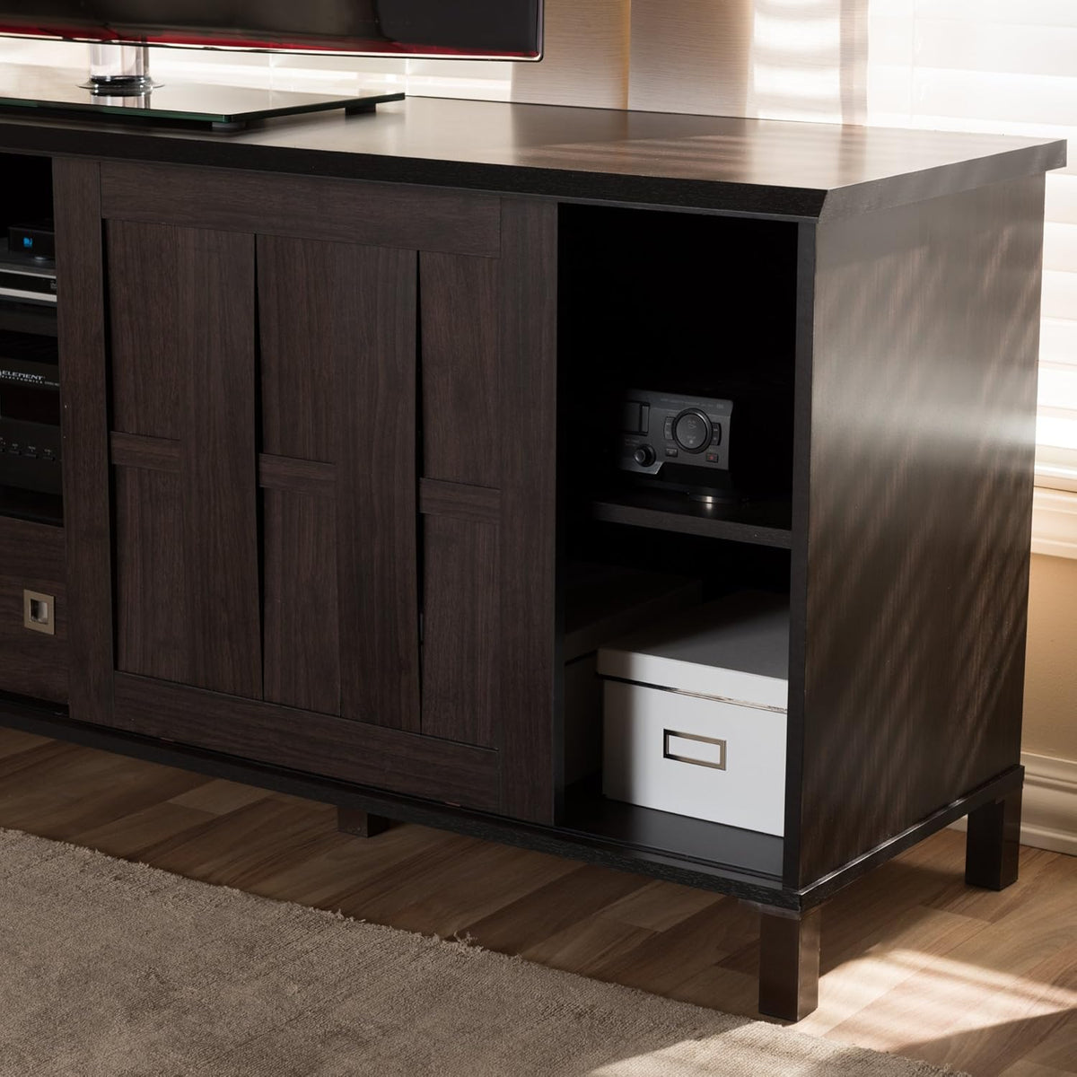 70 Dark Brown Wood TV Cabinet with 2 Sliding Doors and Drawer R488933