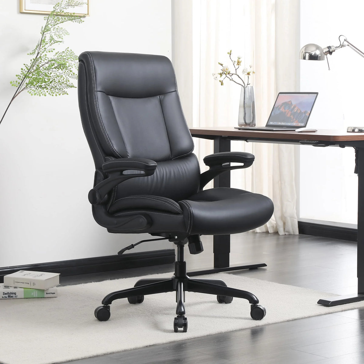 Black PU Leather Ergonomic Office Chair with Lumbar Support and Flip-up Armrests X8774