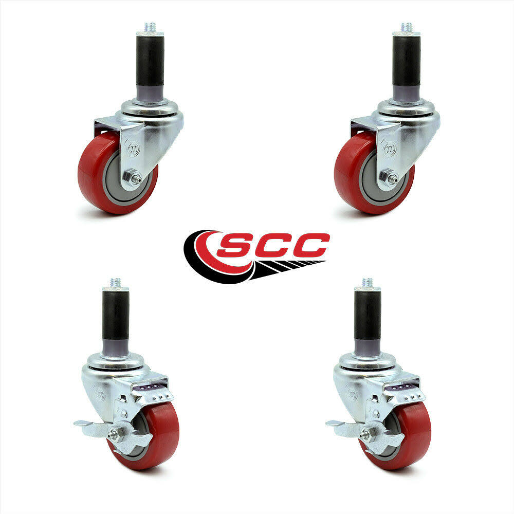 3 inch Red Polyurethane Swivel Expanding Stem Caster Set 2 Brake M63279