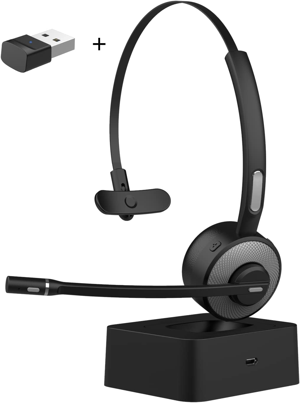 Bluetooth Headset with USB Dongle, Single-Ear Wireless Headset with Noise Cancelling Microphone Charging Base, Pack of 2 L14017