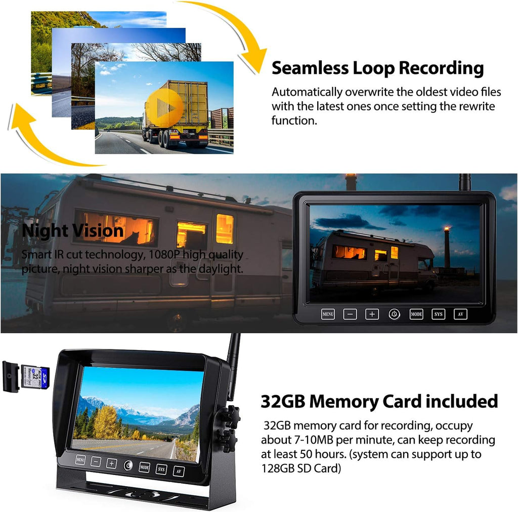 Wireless 7 FHD Monitor Backup Camera System with 4 Cameras W94518