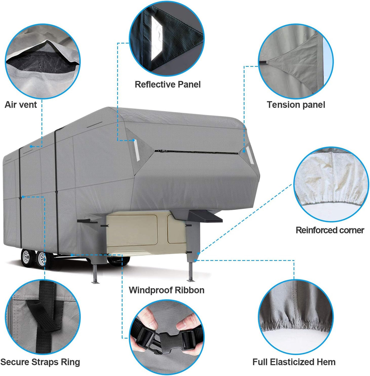 5th Wheel RV Cover 3-Ply Ripstop Waterproof with Steel Pole S80335