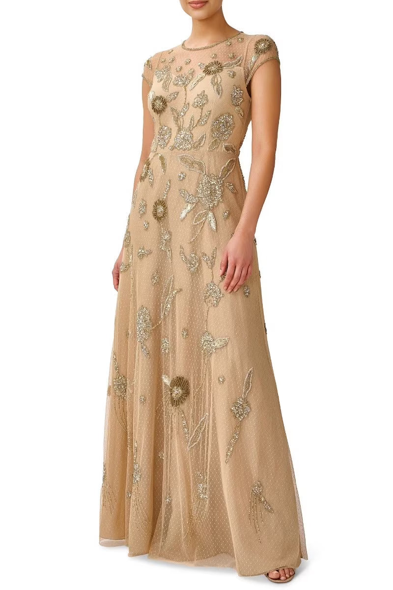 Light Gold Beaded Mesh Dress U76467