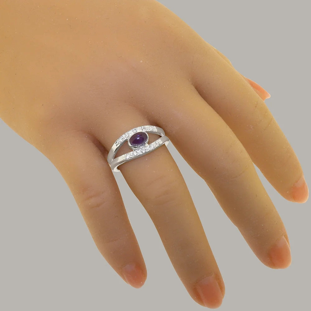 14k White Gold Natural Amethyst & Diamond Band Ring O343112