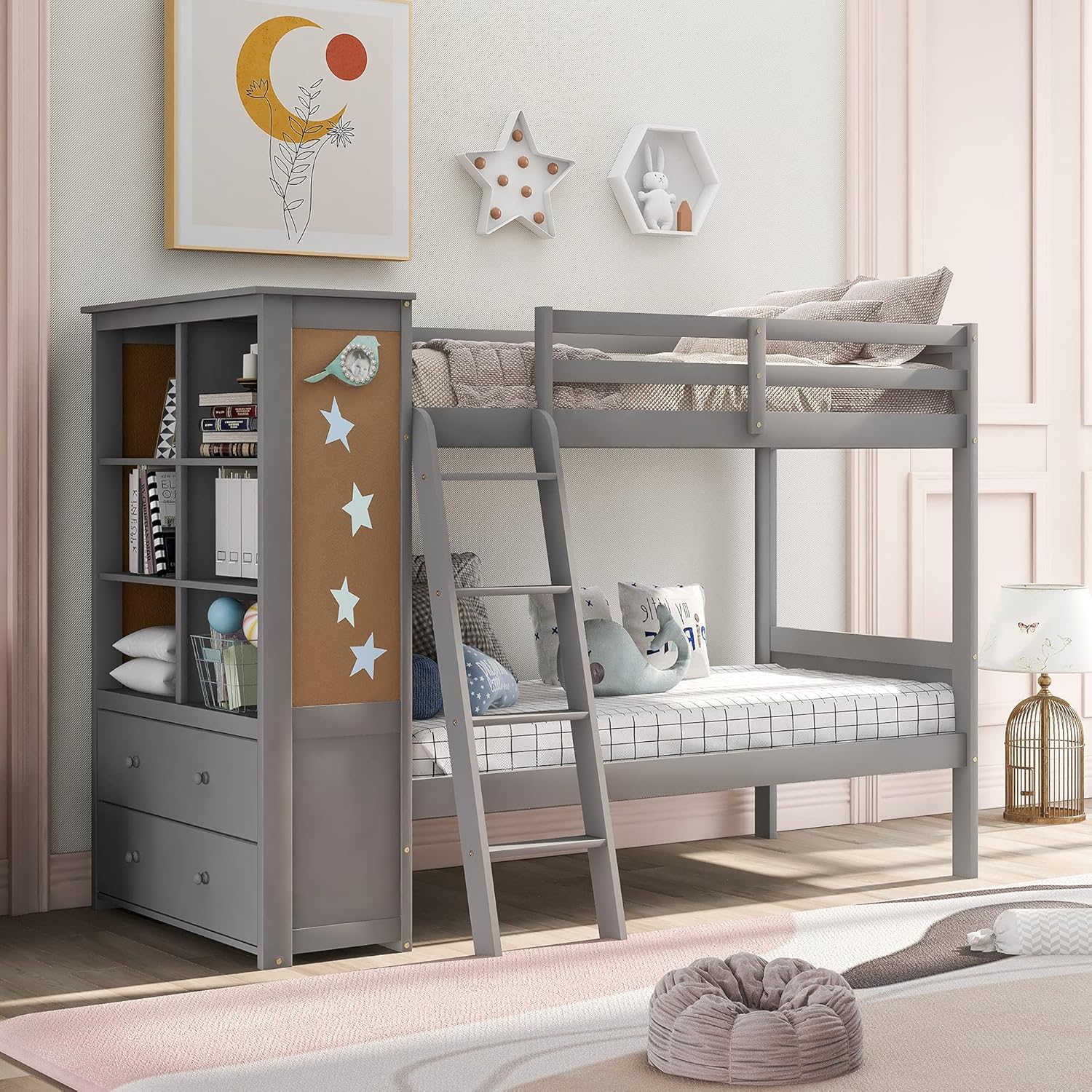 Twin Over Twin Bunk Bed with 6 Open Compartments and 2 Large Drawers N77476