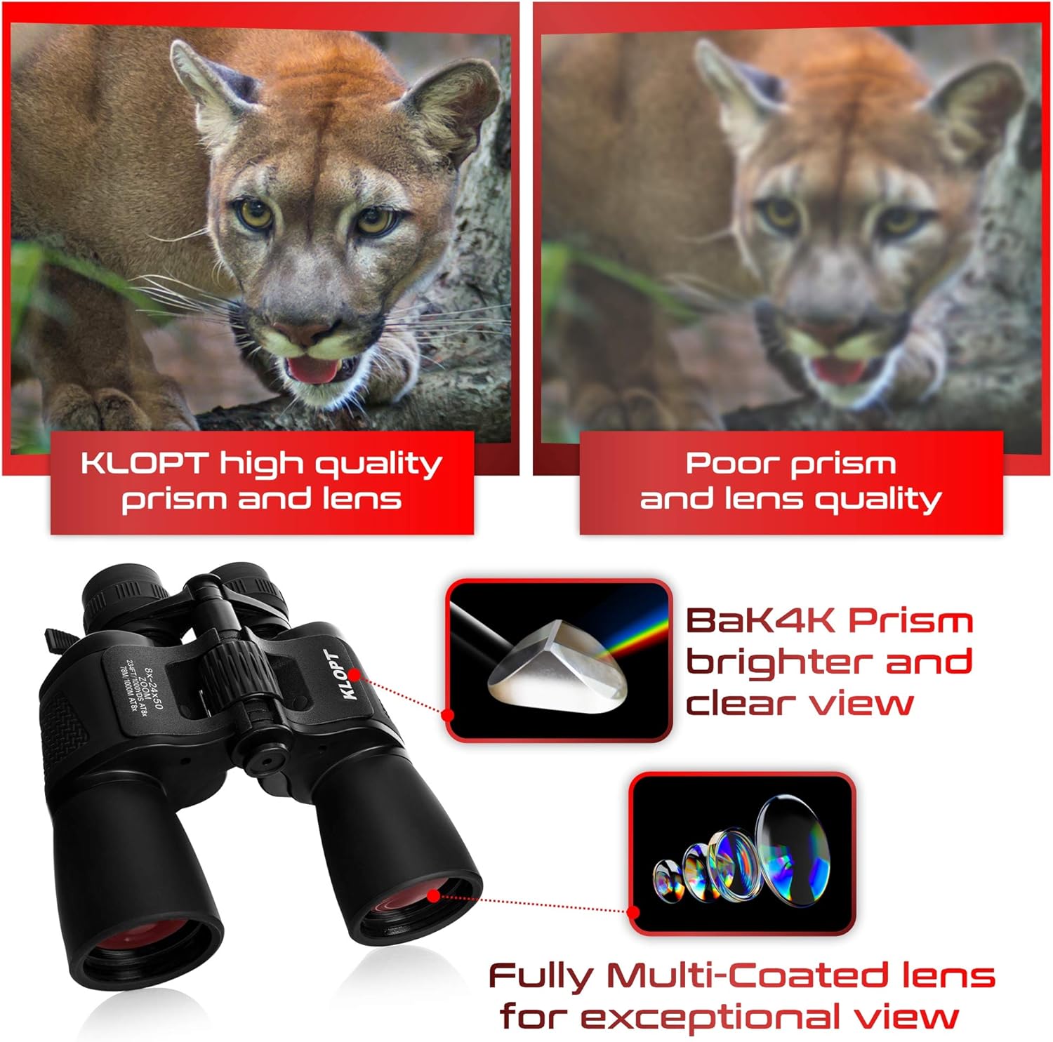 Zoom Binoculars 8x-24x50mm BAK4 Prism Porro Prism FMC Lens Binoculars with Carrying Case T81756