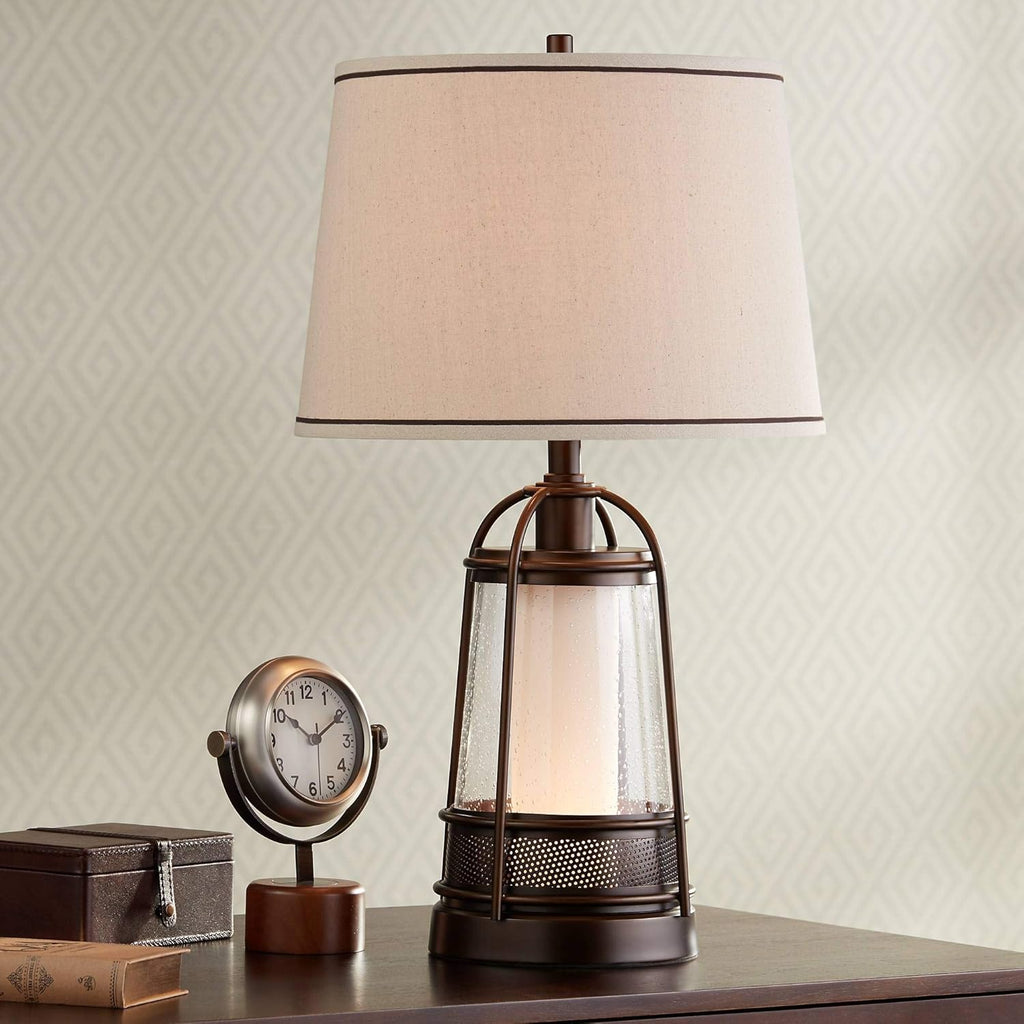 Industrial Table Lamp with Nightlight Antique LED Edison Bulb Rust Bronze Brown Cage Drum Shade J54391