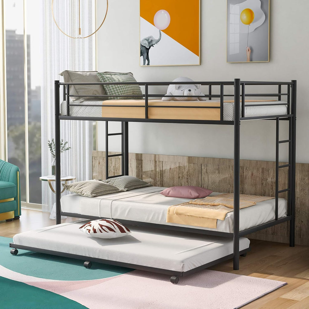 Twin Over Twin Metal Bunk Bed with Trundle and 2 Ladders (White) V725161