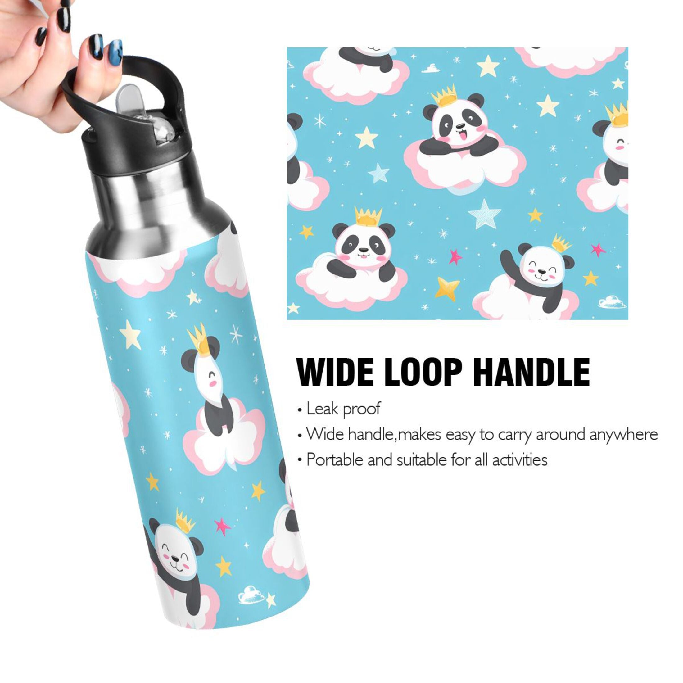 Cartoon Pandas and Stars Insulated Stainless Steel Water Bottle with Straw Lid 20 oz Q632