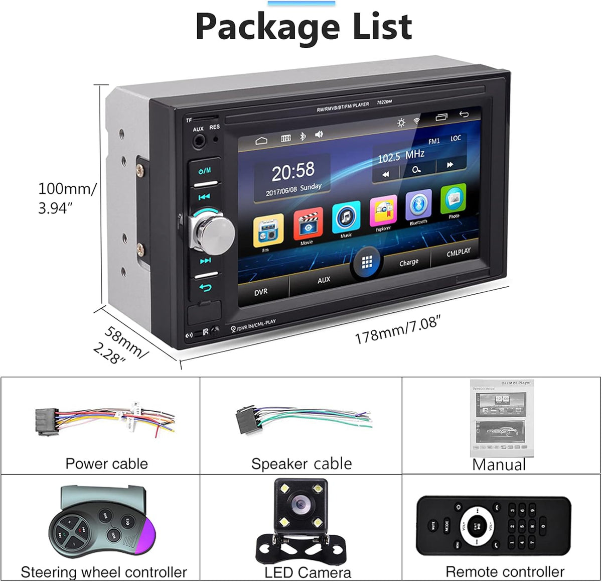 Double Din 6.2’’ Touch Screen Car Stereo with Bluetooth, USB, AUX-in, FM, Steering Wheel Controls, Remote Control, Rear View Camera T323258